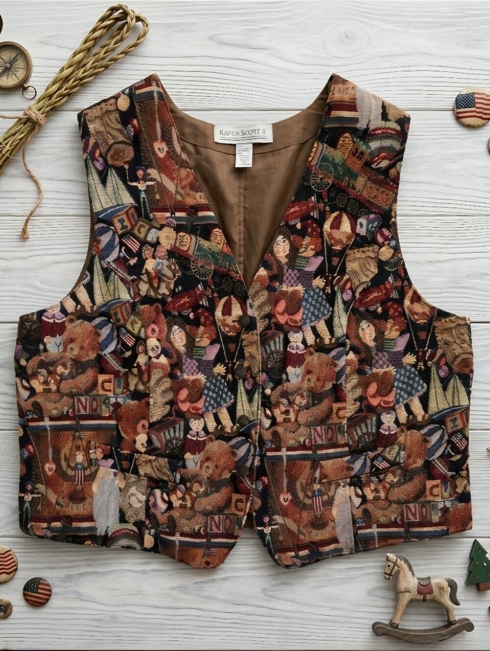 Vintage 90s Karen Scott II Teddy Bear Tapestry Vest | Size 1X Plus Size